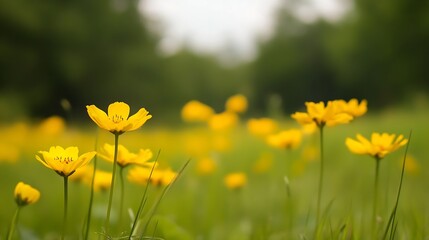 Fototapeta premium Bright yellow flowers blooming in a lush green meadow underneath a clear sky : Generative AI