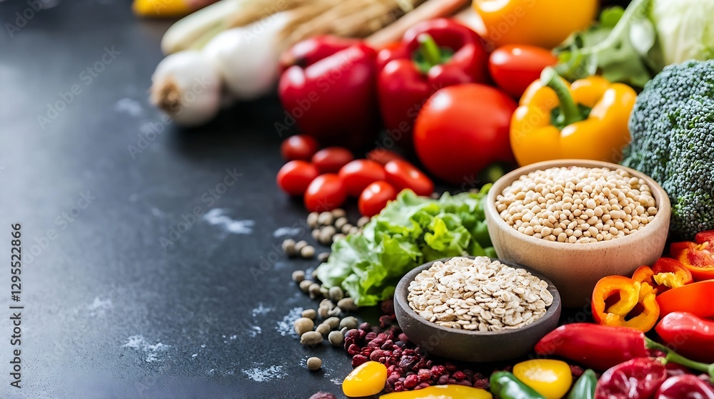 Poster vibrant fresh produce assortment including grains and colorful vegetables on a dark surface : genera
