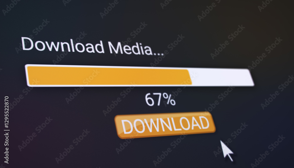 Poster illustration of a website with a orange download button. a computer monitor that displays the inform