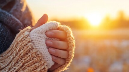 Warm Hands Holding a Cozy Knit Sweater in a Beautiful Sunset Glow : Generative AI
