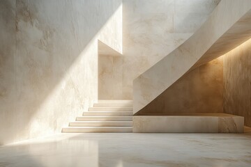Minimalist interior with soft lighting, white walls and floors, large open space, staircase leading to upper floor, calm and simple atmosphere.