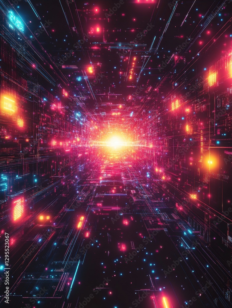 Poster futuristic abstract data stream tunnel with glowing light and vibrant colors in a digital space