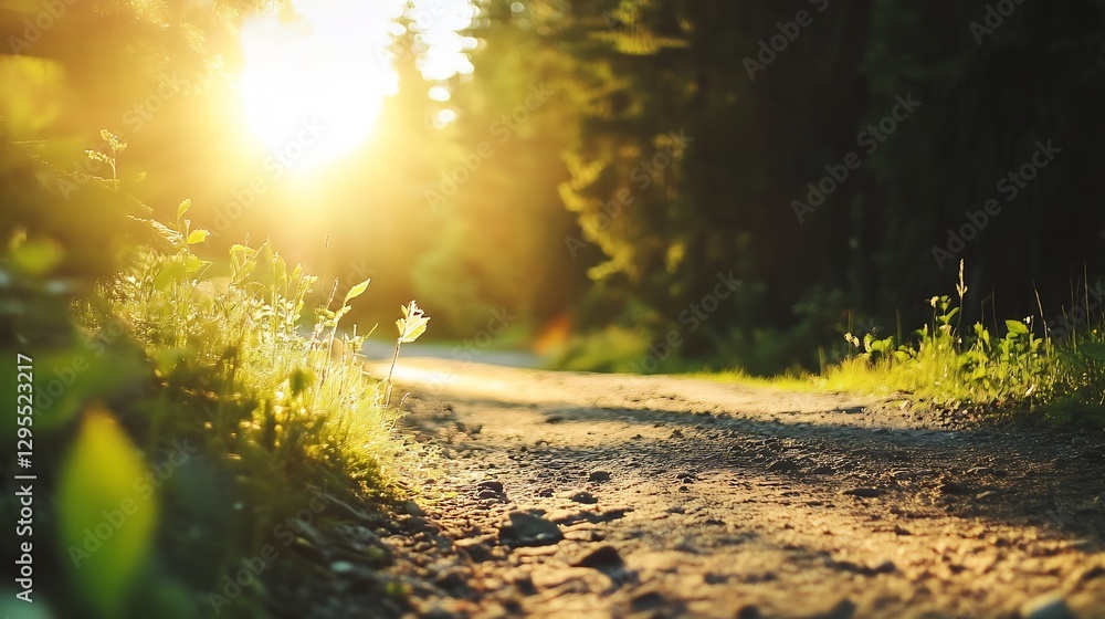 Poster Serene path illuminated by sunlight through the trees in a tranquil forest setting : Generative AI