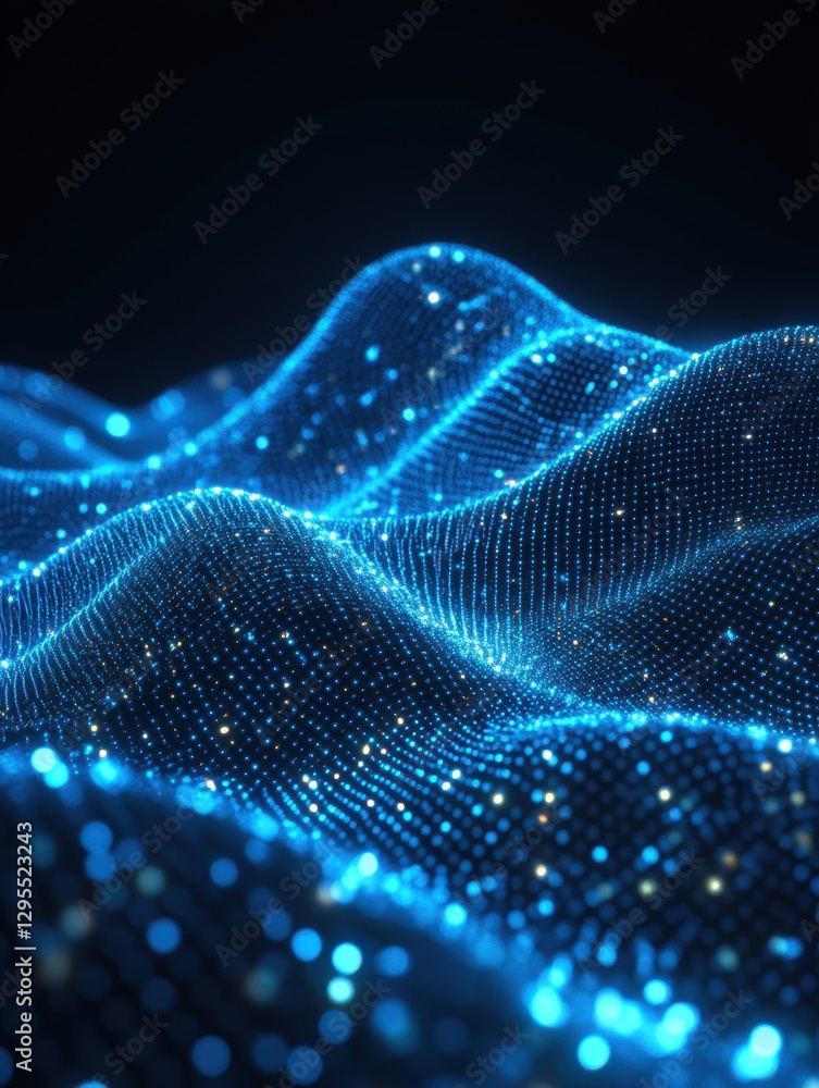 Poster abstract digital landscape with glowing blue dots and golden highlights creating a futuristic wave p