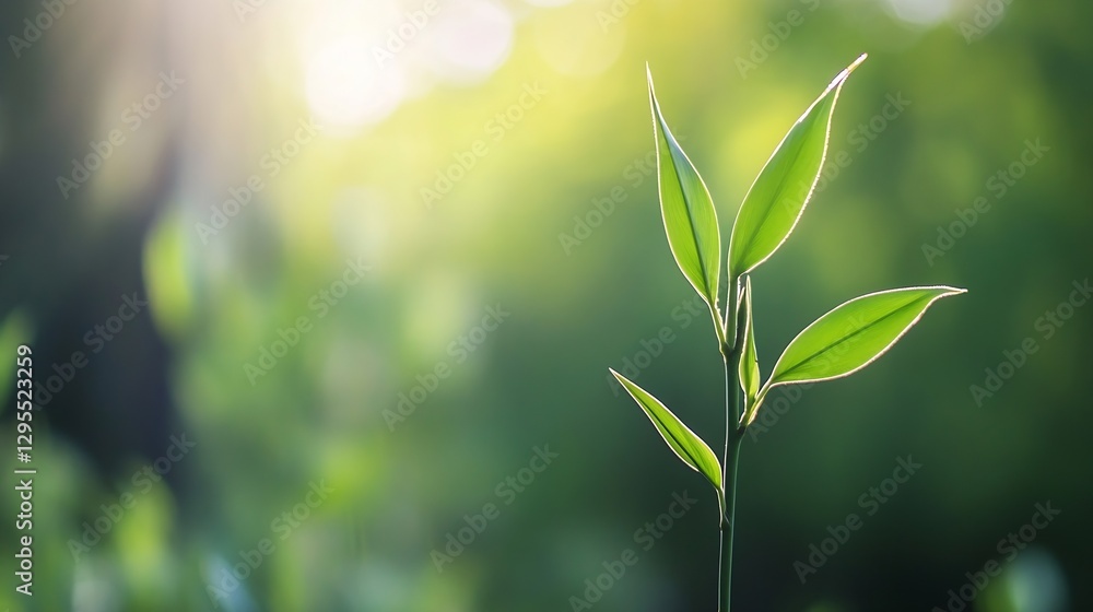 Poster delicate green bamboo leaves emerging from soft focus background in nature's serenity : generative a