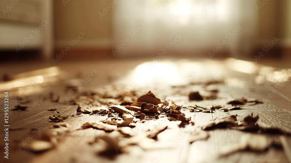 Poster cozy autumn leaves scattered on a hardwood floor with soft natural lighting creating a warm atmosphe