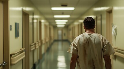 Fototapeta premium Man Walking Alone in Dimly Lit Hospital Corridor with Grime on His Scrubs : Generative AI