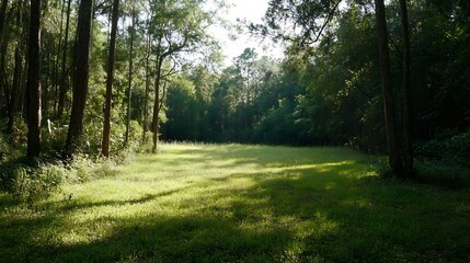 Obraz premium Lush green clearing in a sunlit forest surrounded by towering trees and gentle sunlight : Generative AI