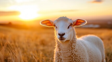 Obraz premium Charming lamb in golden sunset light set against a serene rural landscape : Generative AI