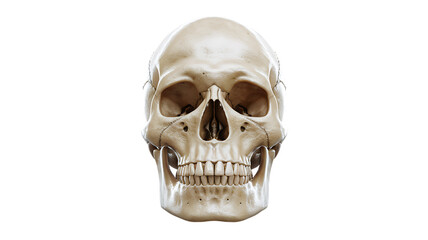 Obraz premium A detailed 3D render of a human skull, front view, against a black background. Shows bone structure, teeth, and facial features. Medical illustration quality.