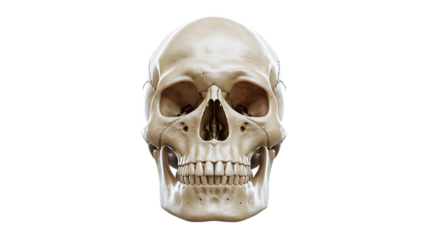 A detailed 3D render of a human skull, front view, against a black background. Shows bone structure, teeth, and facial features. Medical illustration quality.