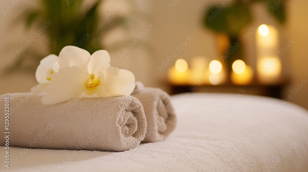 Poster spa relaxation with soft towels and white orchid background : generative ai