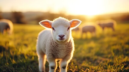 Obraz premium Adorable Young Lamb Standing in a Sunlit Field Surrounded by Flock Under Golden Hour : Generative AI