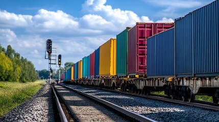 Fototapeta premium Colorful freight train loaded with containers passing through a green landscape under blue skies : Generative AI