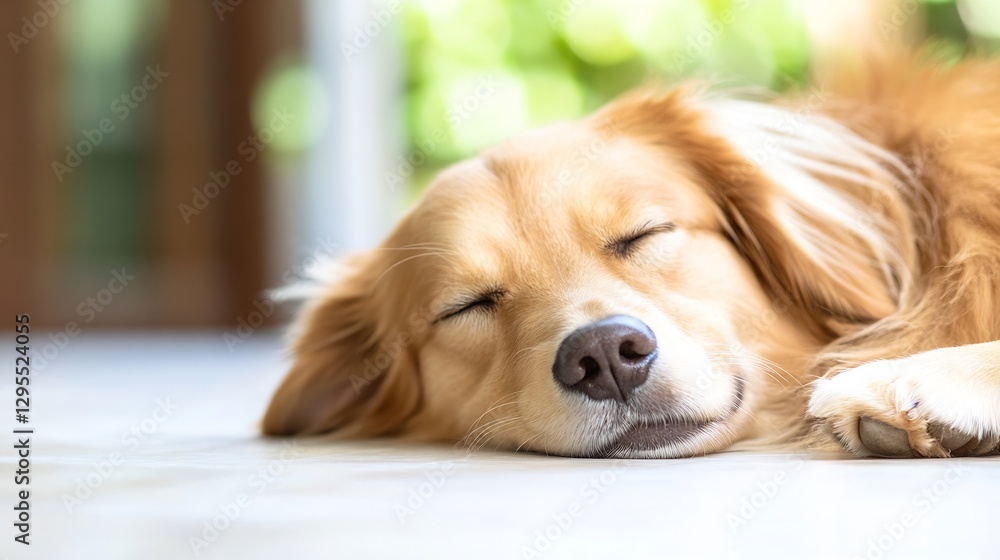 Poster Relaxing Golden Retriever Dog Sleeping Peacefully on Floor with Soft Light : Generative AI