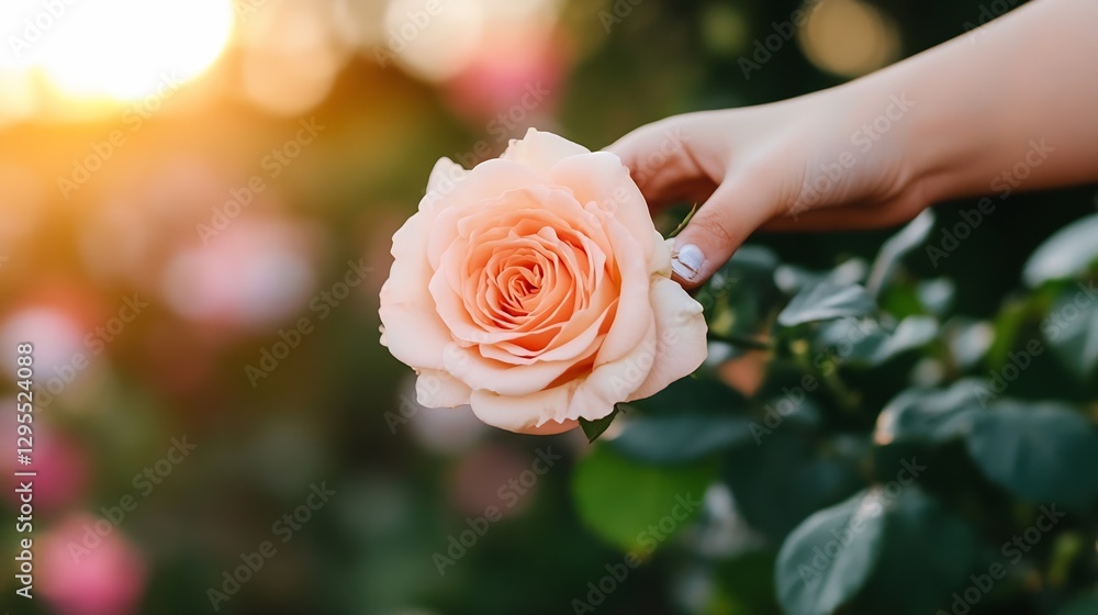 Poster delicate pink rose held in hand with soft sunlight shining through a beautiful garden setting : gene