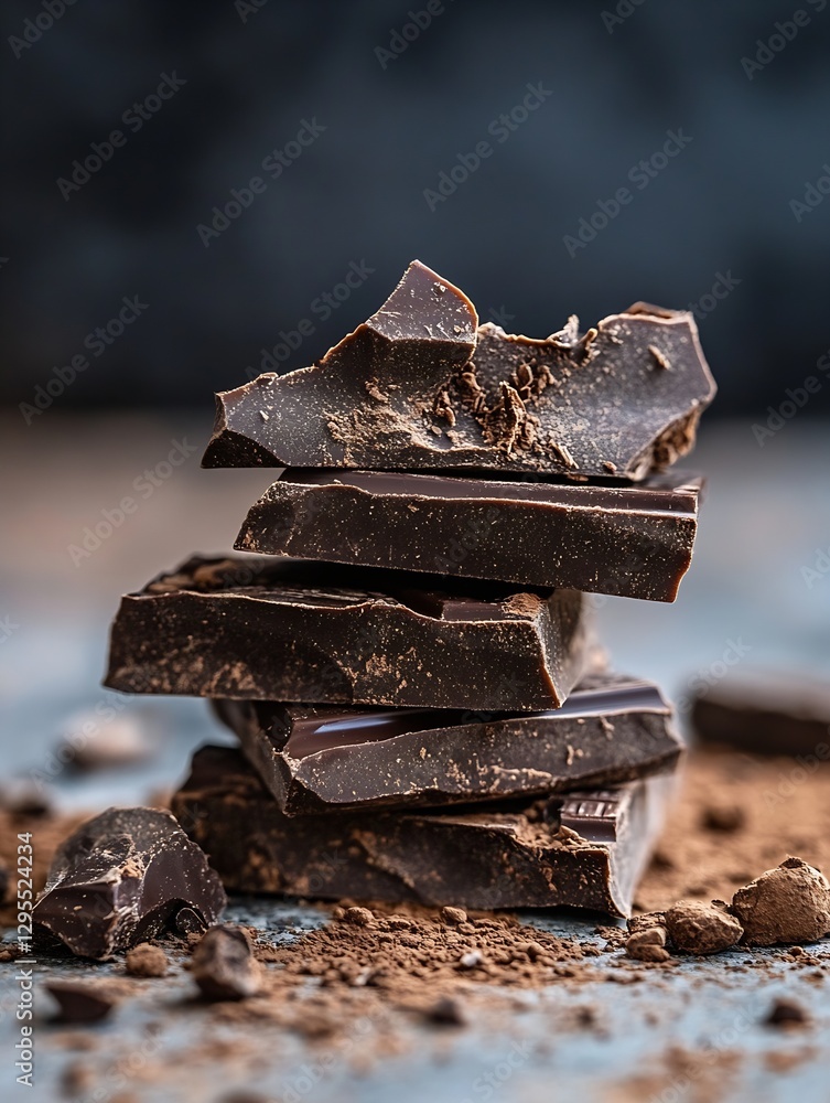 Aufkleber delicious dark chocolate chunks stacked on a rustic table creating a tempting dessert backdrop : gen