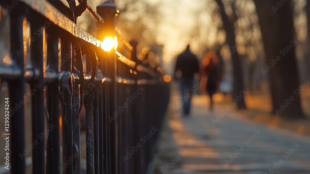 Poster golden sunset glow on rusty fence with silhouettes of people walking in the background : generative 