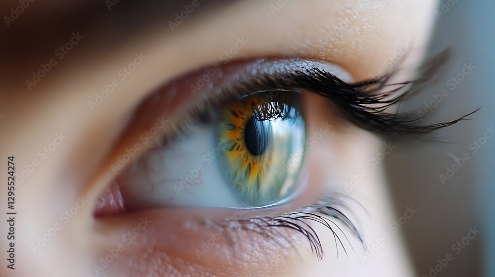 Poster close-up of an eye with colorful iris and long lashes in focus : generative ai