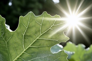 Sun shining through green leaf.