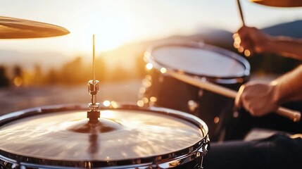 Obraz premium Dynamic Drumming Performance Captured at Sunset with Beautiful Golden Light : Generative AI