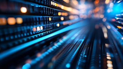 Futuristic closeup of glowing data streams featuring vibrant lights and abstract patterns in a digital space : Generative AI