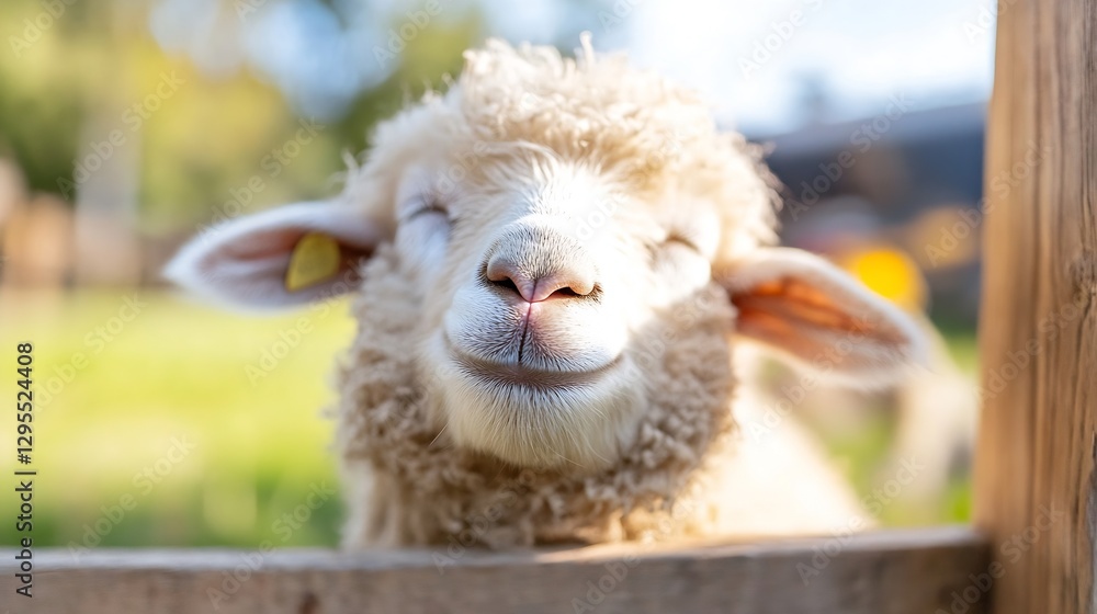 Aufkleber cheerful young sheep smiling in a sunny farm environment with green background : generative ai