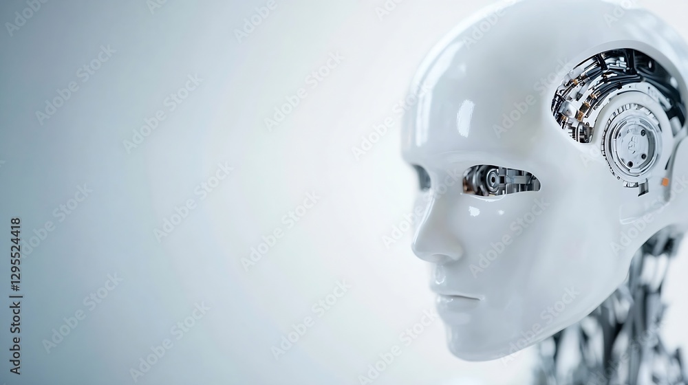 Poster Closeup of a futuristic humanoid robot head with intricate mechanical details : Generative AI
