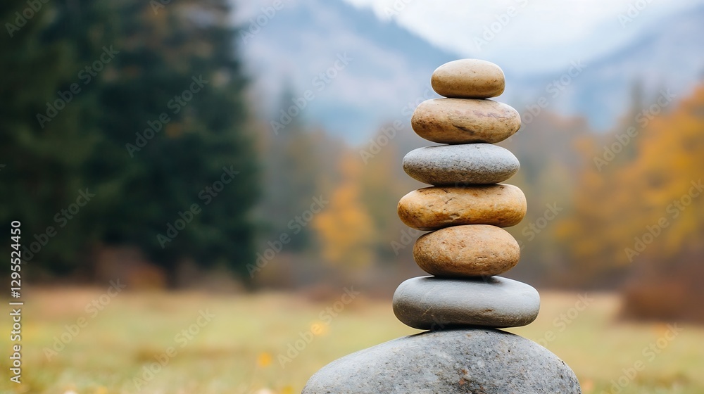 Poster carefully balanced stones stacked on each other in a natural outdoor setting symbolizing balance and