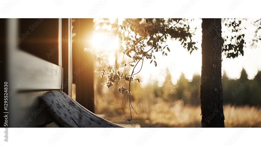 Poster serene sunlit morning through wooden window with tree branches : generative ai