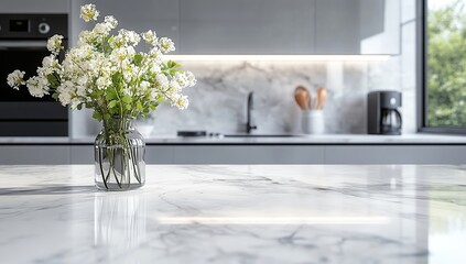 White Flowers in Glass Vase on Modern Kitchen Countertop