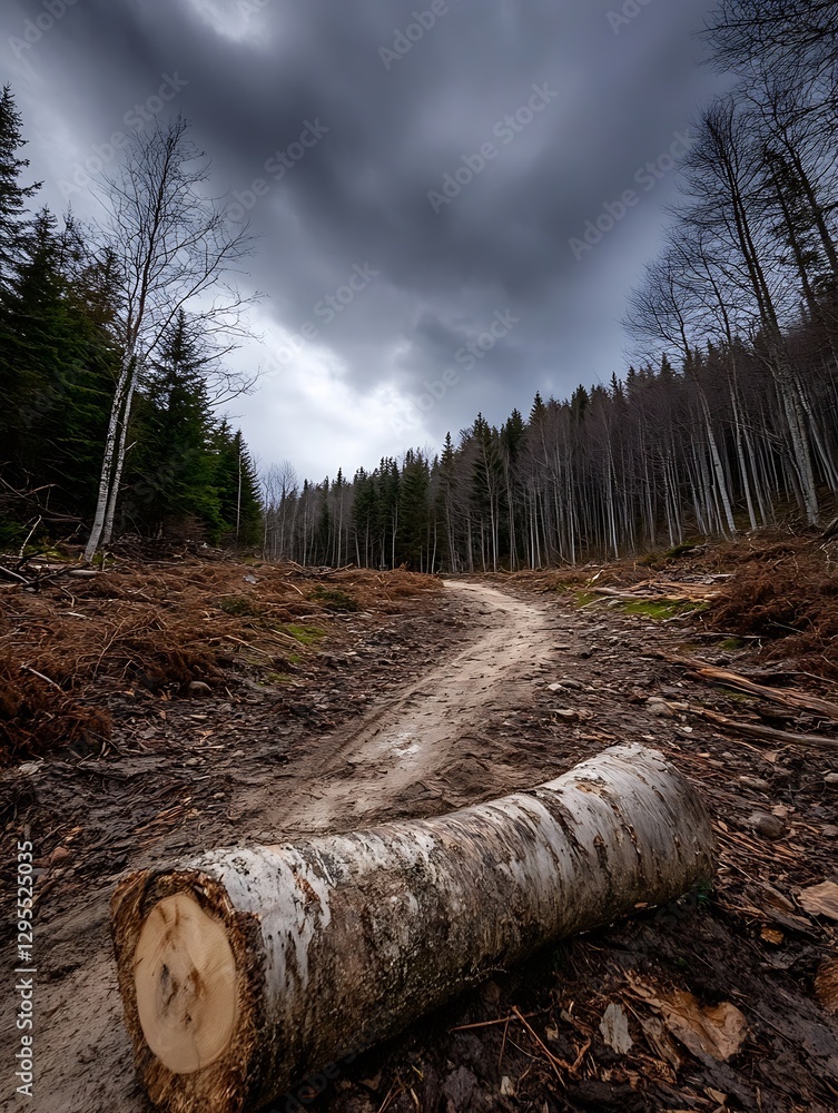 Poster Rugged trail through a tranquil forest path lined with trees and a fallen log under a cloudy sky : Generative AI
