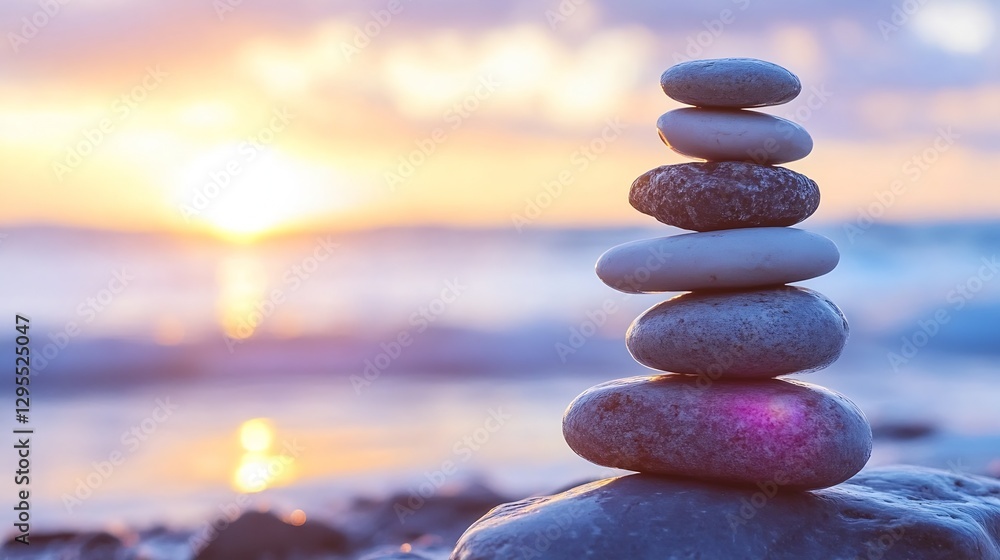 Poster stacked pebbles creating a calming zen sculpture on the beach during a vibrant sunset : generative a