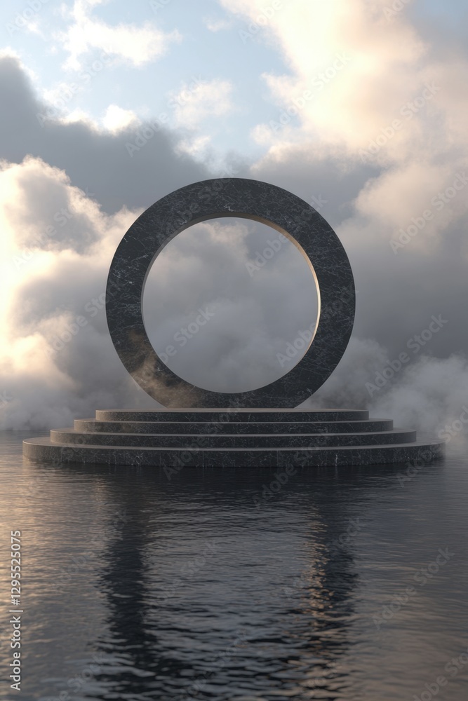 Poster serene marble circle on steps above water with ethereal clouds background abstract conceptual art