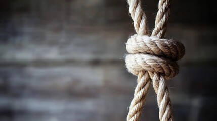 Fototapeta premium Detailed close up of a strong rope knot showcasing craftsmanship and texture on a rustic background : Generative AI