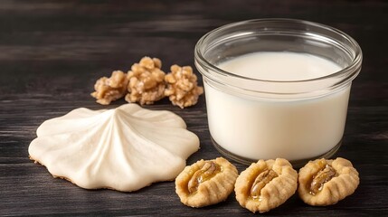 Delicious Milk Glass with Meringue Cookies and Walnuts
