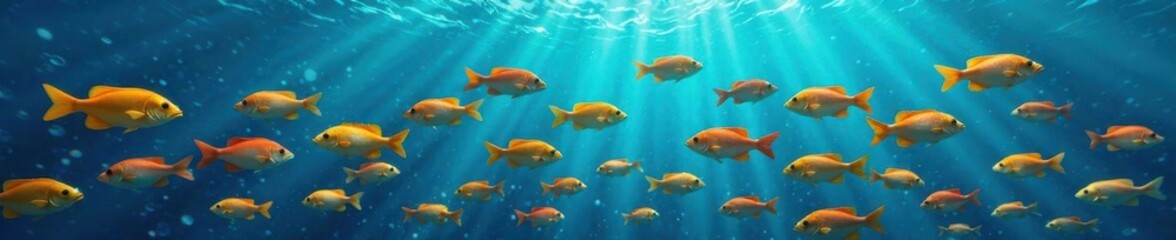 Fototapeta premium School of colorful fish swimming together in the ocean with ripples from waves , sea, oceanic, aquatic