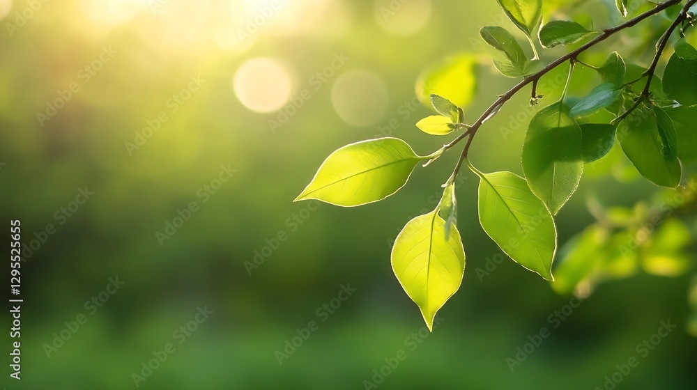Poster close up of fresh green leaves illuminated by soft sunlight in a lush garden setting : generative ai