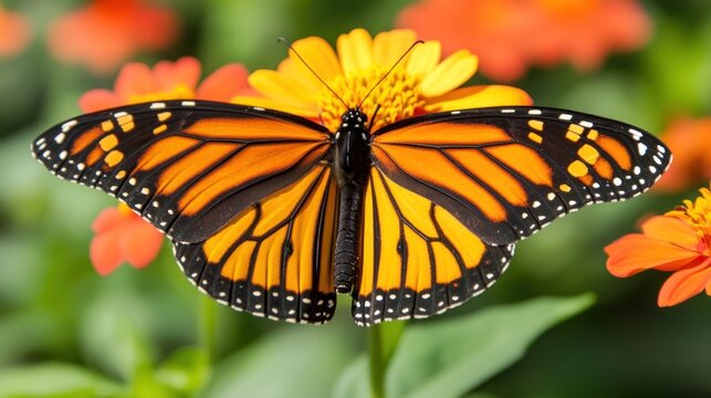 Monarch butterfly resting on a bright yellow flower blossom