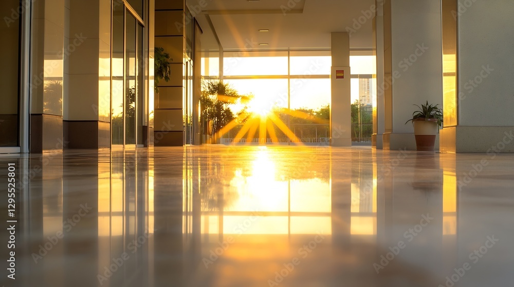 Poster stunning sunset view illuminating a modern building corridor with reflections and warm hues : genera
