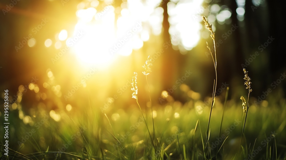 Poster Sunlight filtering through trees over grass field creating serene atmosphere of nature in a quiet forest : Generative AI