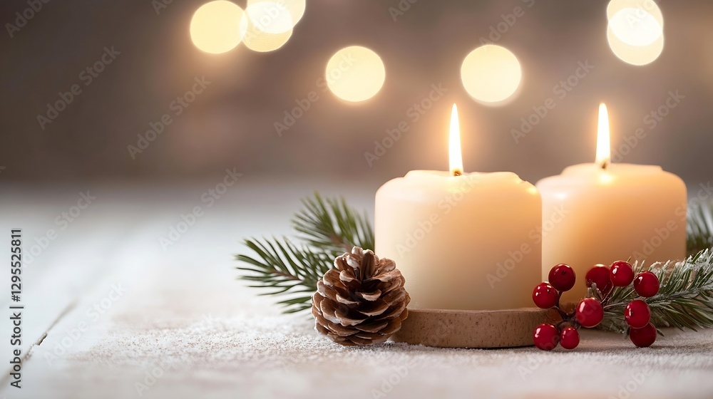 Poster elegant christmas candles with pine cone and berries against a warm background : generative ai
