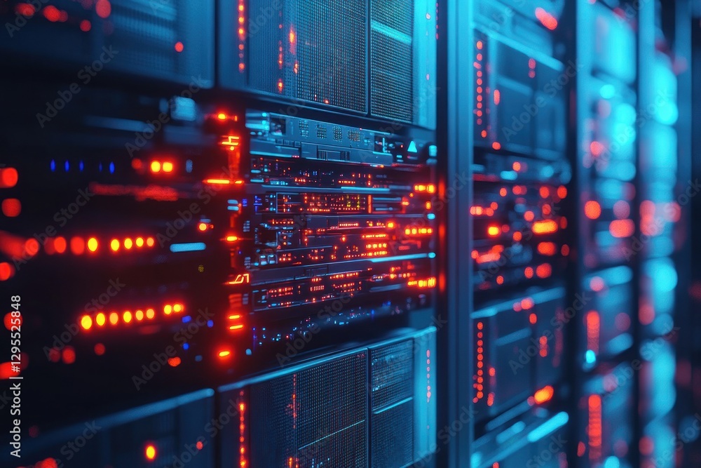 Poster a close-up view of a modern server room filled with illuminated data servers, showcasing vibrant blu