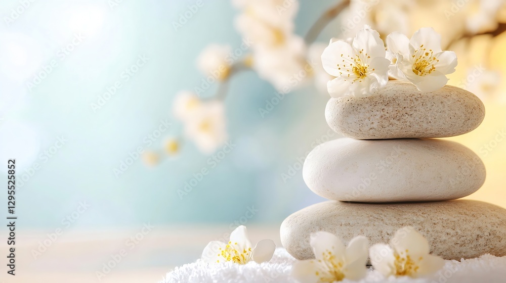 Poster serene stacked stones with beautiful white flowers creating a tranquil spa experience : generative a