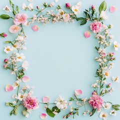 Fototapeta premium Pink background decorated with flowers for Mother's Day. Feminine flatley. Banner Romantic floral frame for Mother's Day. International Women's Day