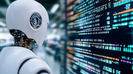 Closeup of a futuristic robot facing a digital display filled with colorful binary codes : Generative AI
