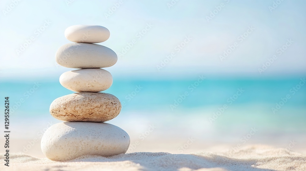 Poster stacked smooth stones on a sandy beach with a serene ocean background : generative ai