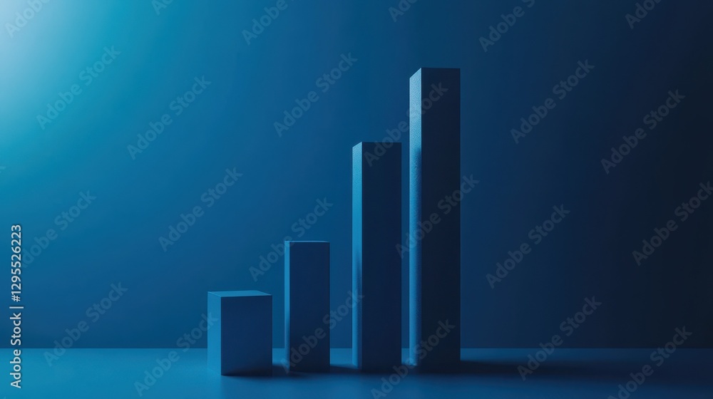 Poster ascending blue bar chart with a bold arrow rising to the top minimalistic and impactful design empha