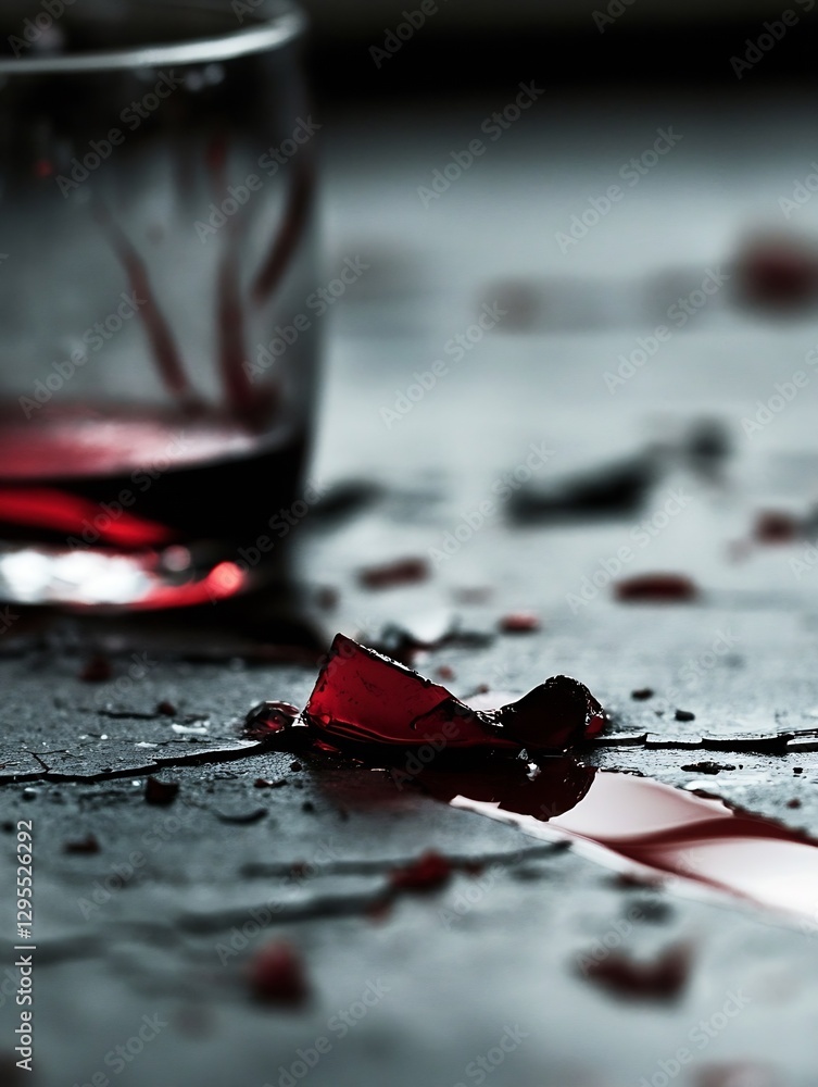 Aufkleber shattered glass with spilled red liquid creating a dramatic and artistic composition on a dark surfa