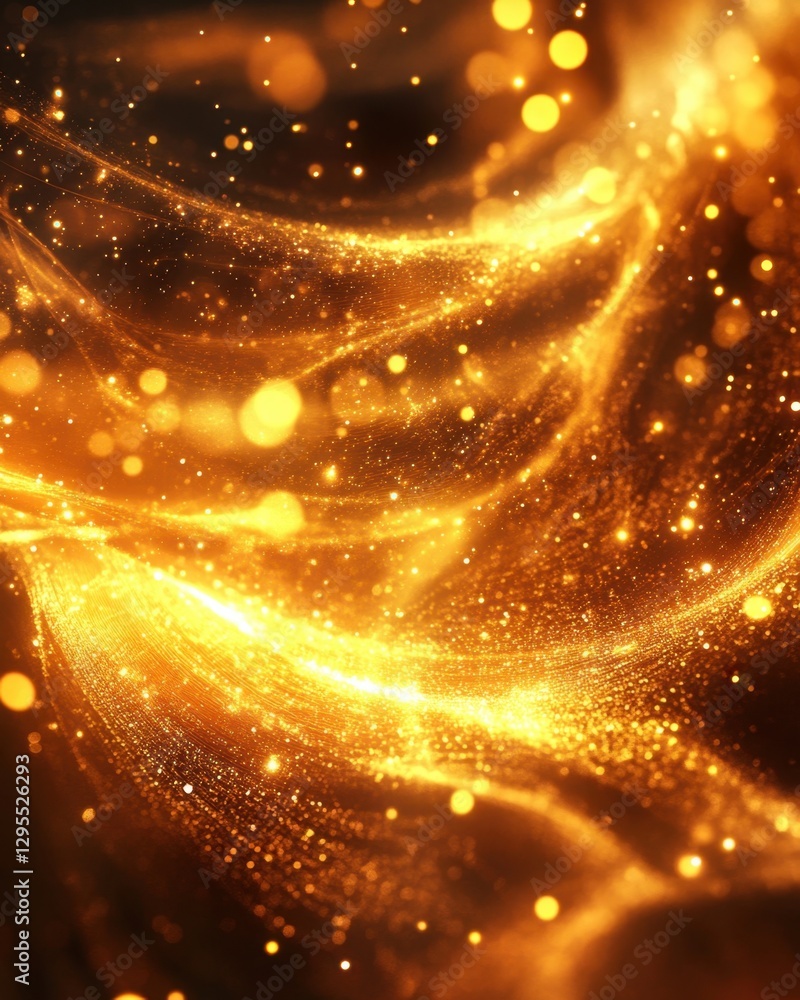 Poster radiant golden light trails and shimmering particles dance in a mesmerizing abstract wave pattern